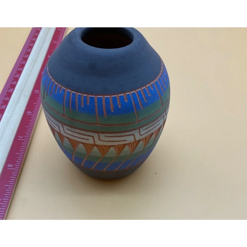 Indian Hand Etched Painted Clay Pottery Vase 3.25